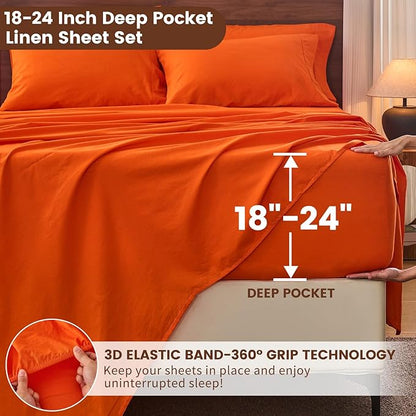Bedlifes 100% French Linen Sheets King Size 18-24" Extra Deep Pocket 4-Piece Set Breathable & Moisture-Wicking,Soft & Durable Sheets for Thick Mattresses(Orange)