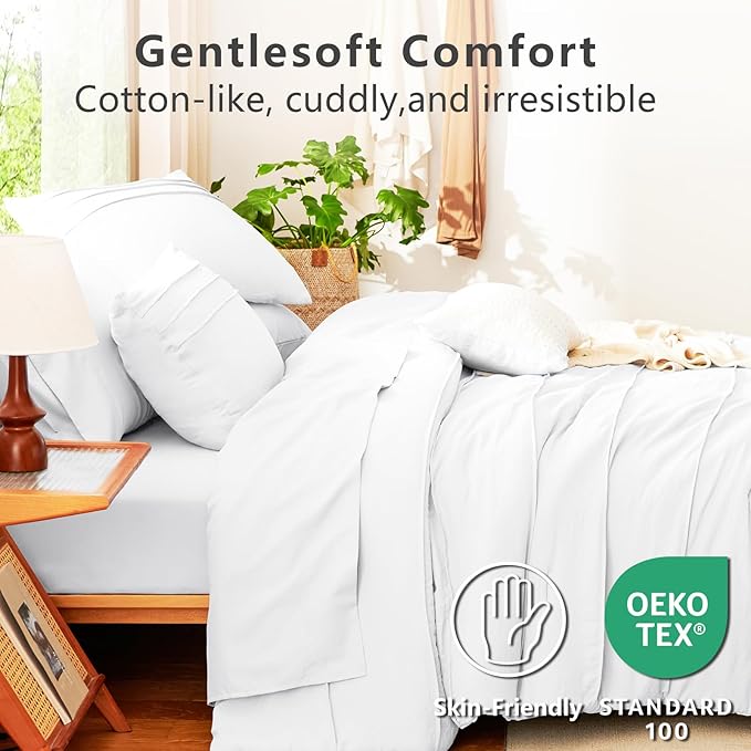 CozyLux King Size Comforter Set White, 7 Pieces Soft Pinch Pleat Bed in a Bag King Comforter Set with Sheets, Boho Bed Set with Down Alternative Comforter, Sheets, Pillowcases & Shams