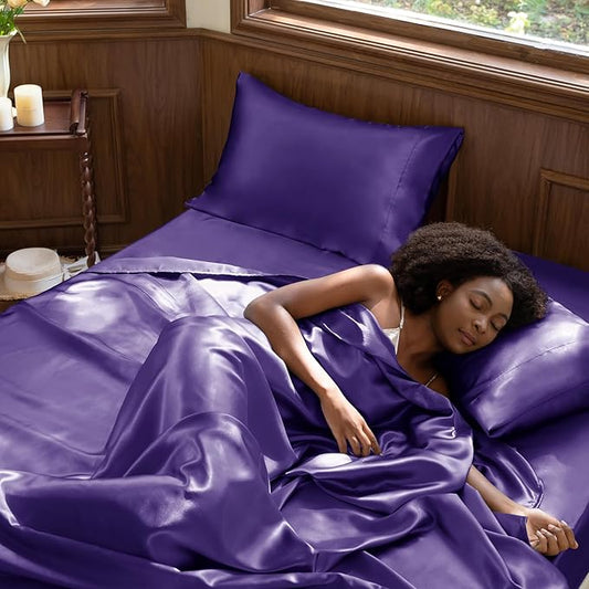CozyLux Satin Sheets King Size Sheet Set - 4 Piece Silky King Sheets, Luxury Purple King Bed Set with Smooth and Soft Microfiber, Includes 1 Fitted Sheet, 1 Flat Sheet and 2 Pillowcases