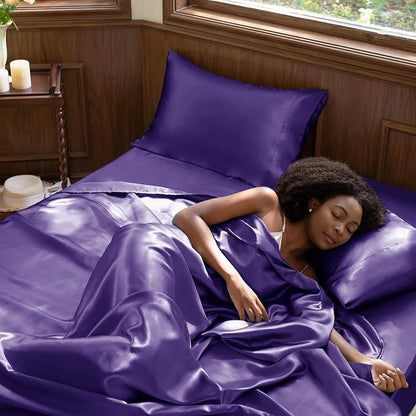 CozyLux Satin Sheets Twin Sheet Set - 3 Piece Silky Twin Bed Sheets, Luxury Purple Sheet Twin Size Bed Set with Smooth and Soft Microfiber, Includes 1 Fitted Sheet, 1 Flat Sheet and 1 Pillowcase