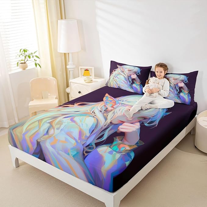 Anime Girl Bed Sheets 3D Japanese Bedding Set Kawaii Girly Fitted Sheet with Deep Pocket, Anime Lovers Gifts Fitted Bed Sheets Soft Lightweight Sheets for All Season, Full 3Pcs