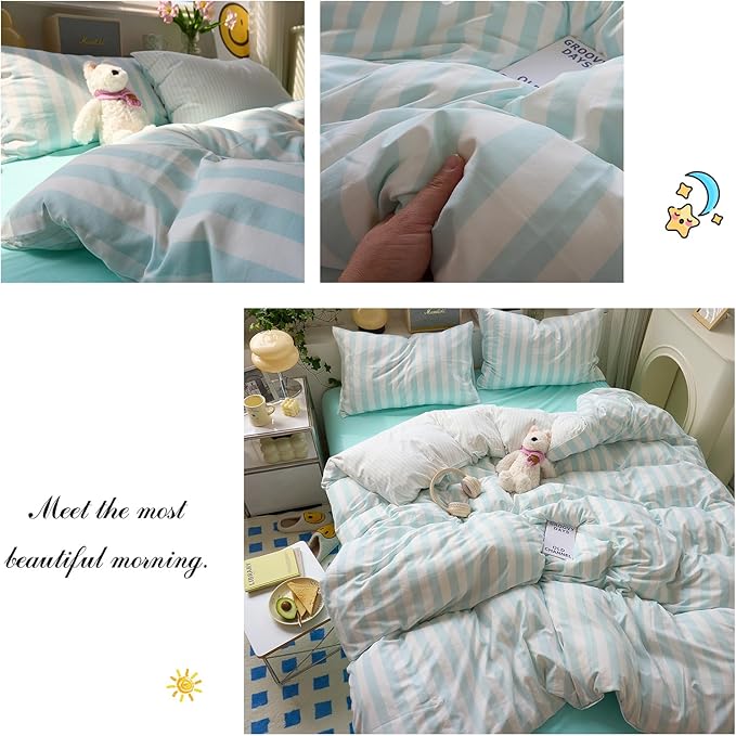 Sky Blue Striped Queen Duvet Cover Soft Boho Comforters Queen Size Cover Stripes Chic Aesthetic Farmhouse Duvet Cover Set with Zipper College Dorm Bedding Washed Microfiber Duvet Protector