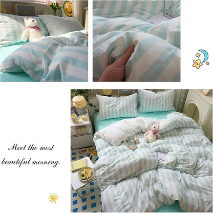 Sky Blue Striped Queen Duvet Cover Soft Boho Comforters Queen Size Cover Stripes Chic Aesthetic Farmhouse Duvet Cover Set with Zipper College Dorm Bedding Washed Microfiber Duvet Protector