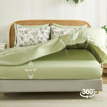 Luxudecor Floral King Comforter Set 7 Pieces Bed in a Bag, Sage Green Flower with Bird Bedding Set, Soft Reversible Comforter with Sheet Set 104"x90"