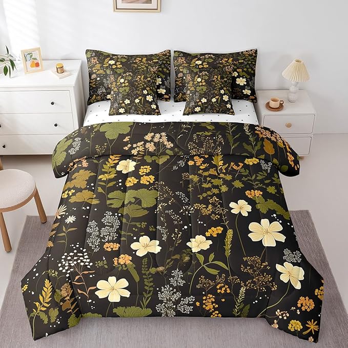 Wild Flowers Leaves King Comforter Set with Sheets Bed in a Bag 7 Pcs,Spring Botanical PlantsBed Set,Retro Country Decor Bedding Sets with Comforter,Flat,Fitted Sheet,Pillowcases,Pillow Covers