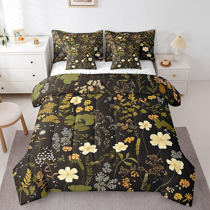 Wild Flowers Leaves King Comforter Set with Sheets Bed in a Bag 7 Pcs,Spring Botanical PlantsBed Set,Retro Country Decor Bedding Sets with Comforter,Flat,Fitted Sheet,Pillowcases,Pillow Covers