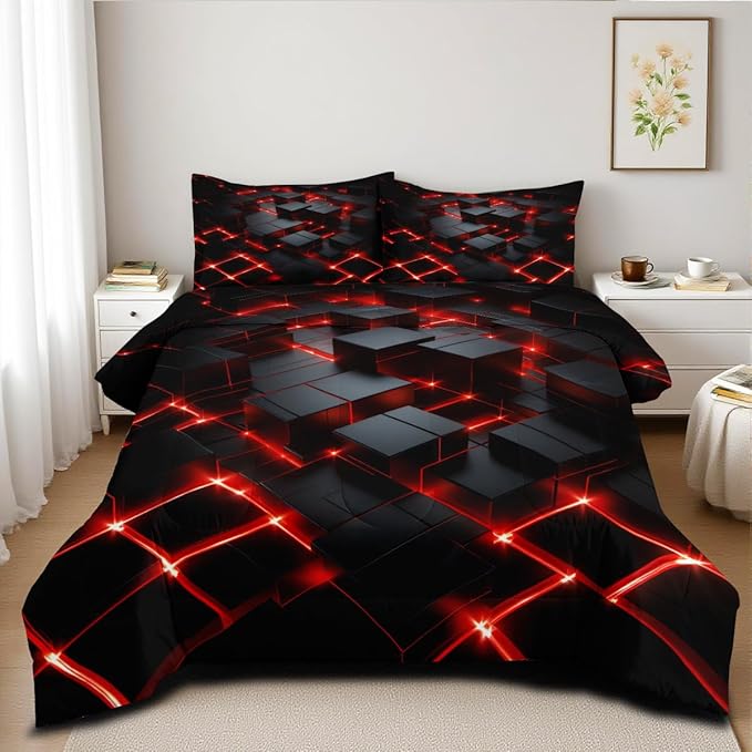 Red Black Geometric Comforter Set King Size 3D Stereoscopic Square Bedding Set Glowing Neon Geometry Bedding Sets 3 Piece Soft Microfiber Down Alternative Comforter Sets for All Season