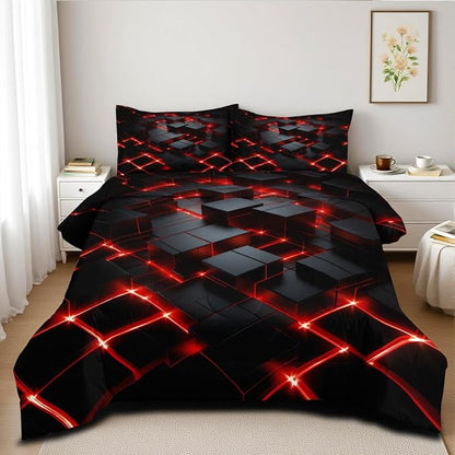 Red Black Geometric Comforter Set King Size 3D Stereoscopic Square Bedding Set Glowing Neon Geometry Bedding Sets 3 Piece Soft Microfiber Down Alternative Comforter Sets for All Season