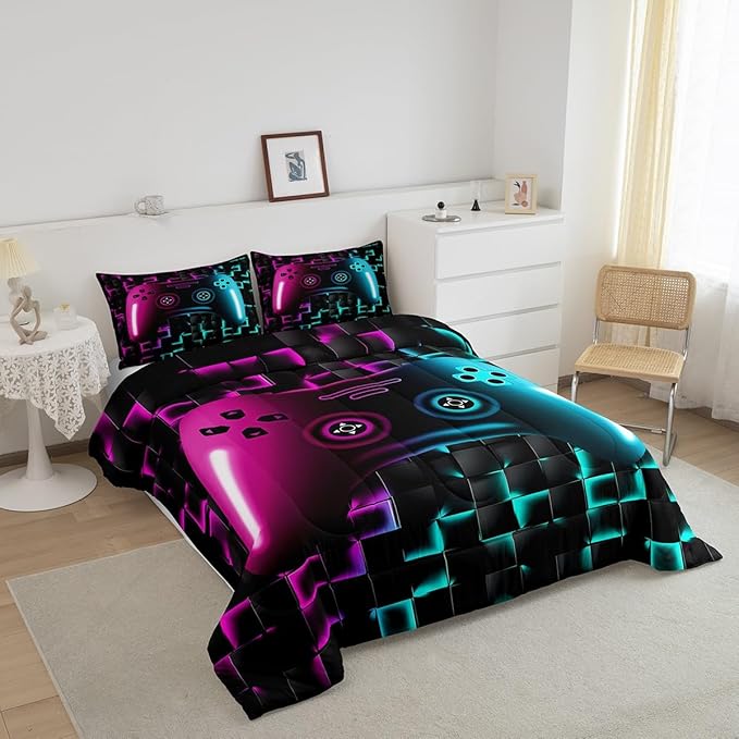 Erosebridal Gamer Bedding Sets for Boys,Queen Size Comforter Sets for Boys Girls Kids 3D Gaming Geometric Comforter,Game Console Lightweight Microfiber Duvet Quilt,Neon Purple Teal Black Glowing
