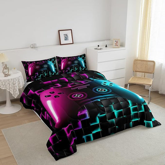 Erosebridal Gamer Bedding Sets for Boys,Queen Size Comforter Sets for Boys Girls Kids 3D Gaming Geometric Comforter,Game Console Lightweight Microfiber Duvet Quilt,Neon Purple Teal Black Glowing