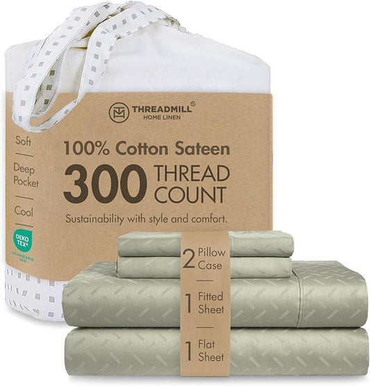 Threadmill Cotton Full Size Sheet Set | 100% Cotton Sheets for Full Size Bed | Damask Jacquard Full Bed Sheets Set with 16” Deep Pocket | Soft Sateen Weave 4-Piece Cooling Bedding Set | Sage Green