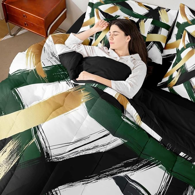 Erosebridal Black Green Gold Abstract 7 Piece Comforter Set Twin Modern Minimalist Line Geometric Bedding Set Minimalist Simple Sketch Art Bed in A Bag Cool Unique Contemporary Sheet Set