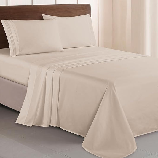 Elegant Comfort Luxurious 1500 Premium Hotel Quality Microfiber Three Line Embroidered Softest 4-Piece Bed Sheet Set, Wrinkle and Fade Resistant, Full, Cream