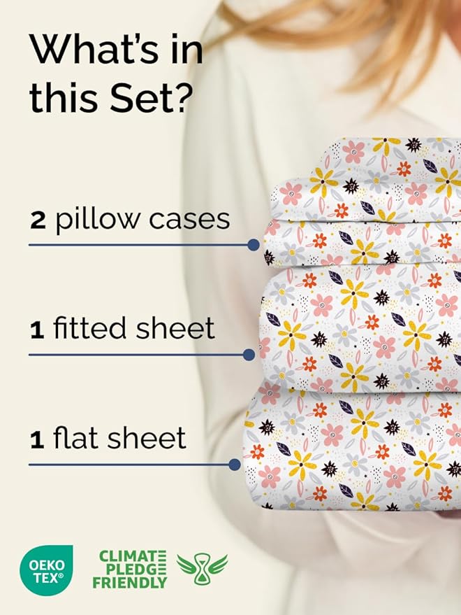 Floral Sheets - Flower Print Bed Sheet Set - 1 Flat, 1 Fitted & 2 Pillowcases w/ Deep Pockets - Comfy, Cozy, Wrinkle & Fade Free - Boho Botanical Bedding - Soft, Breathable & Cooling - Full Size Set