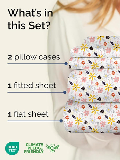Floral Sheets - Flower Print Bed Sheet Set - 1 Flat, 1 Fitted & 2 Pillowcases w/ Deep Pockets - Comfy, Cozy, Wrinkle & Fade Free - Boho Botanical Bedding - Soft, Breathable & Cooling - Full Size Set