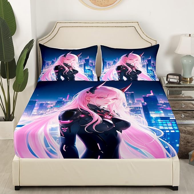 Erosebridal Japanese Anime Bed Sheets Twin Size, Anime Girl Fitted Sheet Kawaii Japanese Style Bedding Set Cartoon Japan Animation Bed Set for Boys Teens Adult Women Bedroom Decor