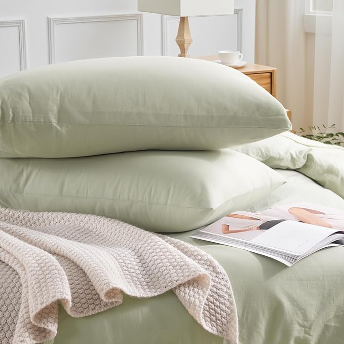 NEXHOME PRO Duvet Cover Set Queen Size Linen Feel Textured Organic Natural 100% Washed Cotton Duvet Cover 3 Pieces Bedding Set with Zipper Closure, Breathable, Soft, Mint Green (No Comforter)