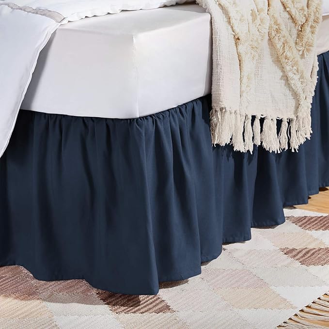 Amazon Basics Lightweight Ruffled Bed Skirt, Classic Style, Machine Washable, Fade and Wrinkle Resistant, 100% Microfiber with 16" Drop, Queen, Navy Blue