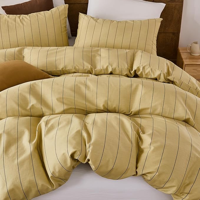 Merryword Yellow Striped Duvet Cover Set King Size, Natural Cotton Bedding Set with Zipper Closure & 8 Corner Ties, Soft Breathable Luxury Linen Like Bedding for All Seasons