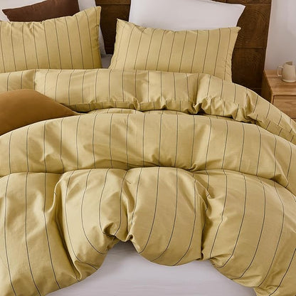 Merryword Yellow Striped Duvet Cover Set King Size, Natural Cotton Bedding Set with Zipper Closure & 8 Corner Ties, Soft Breathable Luxury Linen Like Bedding for All Seasons