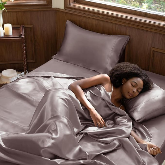 CozyLux Satin Sheets King Size Sheet Set - 4 Piece Silky King Sheets, Luxury Dusty Purple King Bed Set with Smooth and Soft Microfiber, Includes 1 Fitted Sheet, 1 Flat Sheet and 2 Pillowcases