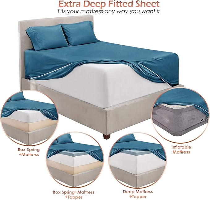 Hearth & Harbor Extra Deep Pocket Sheets - Fits Mattress 18-24 Inches Deep - Extra Deep Pocket Twin XL Sheets Sets - 4 Piece Twin XL Size - Blue Heaven
