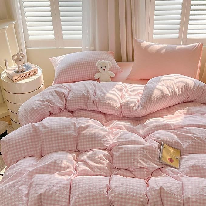 LifeTB Pink Gingham Comforter Set Queen 3 Pieces Plaid Checkered Comforter Set Aesthetic Pink Grid Comforter with 2 Pillowcases Plaid Checkered Pattern Farmhouse Gingham Bedding Set Queen