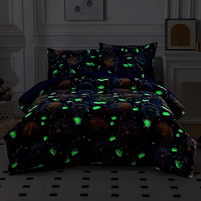Glow in The Dark Kids Comforter Set, 5 Pieces Blue Dandelion Bedding Set Twin Size for Boys Girls Teen, 1 Comforter, 2 Pillowcases, 2 Pillow Shams, 1 Flat Sheet, 1 Fitted Sheet