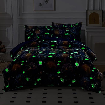 Glow in The Dark Kids Comforter Set, 5 Pieces Blue Dandelion Bedding Set Twin Size for Boys Girls Teen, 1 Comforter, 2 Pillowcases, 2 Pillow Shams, 1 Flat Sheet, 1 Fitted Sheet