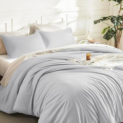 Litanika Light Grey Comforter King Size, 3 Pieces Lightweight Solid Bedding Comforter Set, All Season Fluffy Bed Set (104x90In Comforter & 2 Pillowcases)