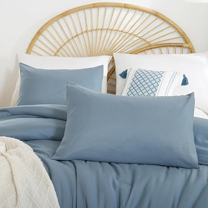 weigelia Dusty Blue Comforter Queen Size 3PCS Bed Comforter with 2 Pillowcases - Ligtweight Soft Solid Blue All Season Queen Comforter Bed Set - Boho Aesthetic Bedding Set for Men and Women
