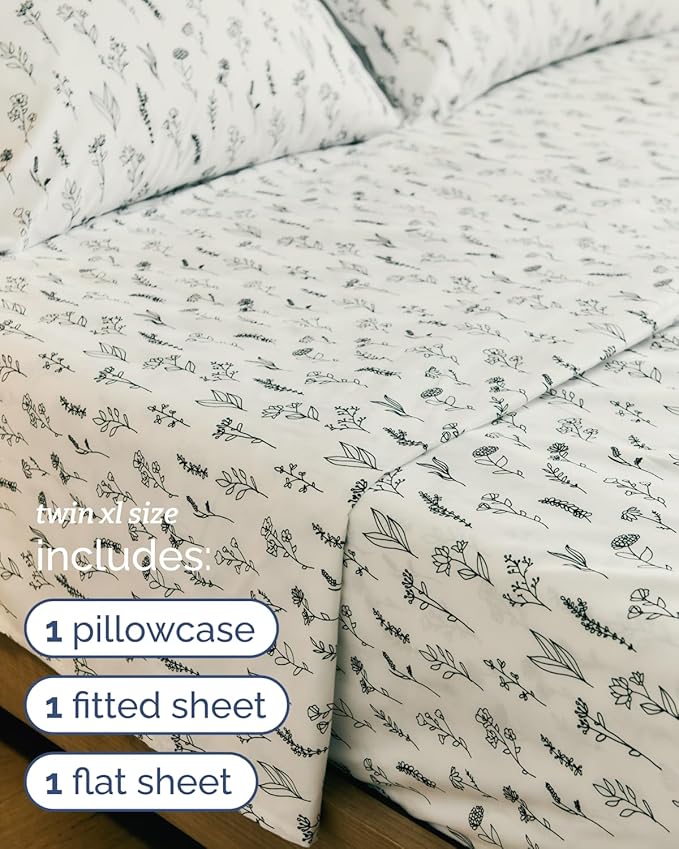 Floral Sheets - Black & White Floral Bed Sheet Set - 1 Flat, 1 Fitted & 1 Pillowcase w/ Deep Pockets - Comfy, Wrinkle & Fade Free - Boho Botanical Bedding - Breathable and Cooling - Twin XL Size Set