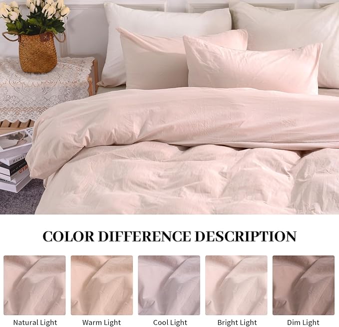 NEXHOME PRO Duvet Cover Set Oversized Queen 98"x98" Linen Look Textured Organic Natural 100% Washed Cotton Duvet Cover 3 Pieces Bedding Set Zipper Closure, Breathable, Dusty Pink (No Comforter)