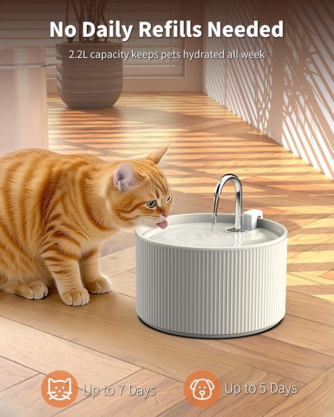 Ceramic Cat Water Fountain, 2.2L/74oz Cat Drinking Fountain | Quiet Pet Fountain for Indoor Cats and Small Dogs, BPA-Free Ceramic, Easy to Clean