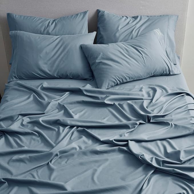 Clara Clark Flex Top King Sheets - Hotel Luxury 6 Piece Bed Sheets for Top Split King Bed - Soft Bedding Sheets & Pillowcases, Head Split King Size. Stone Blue