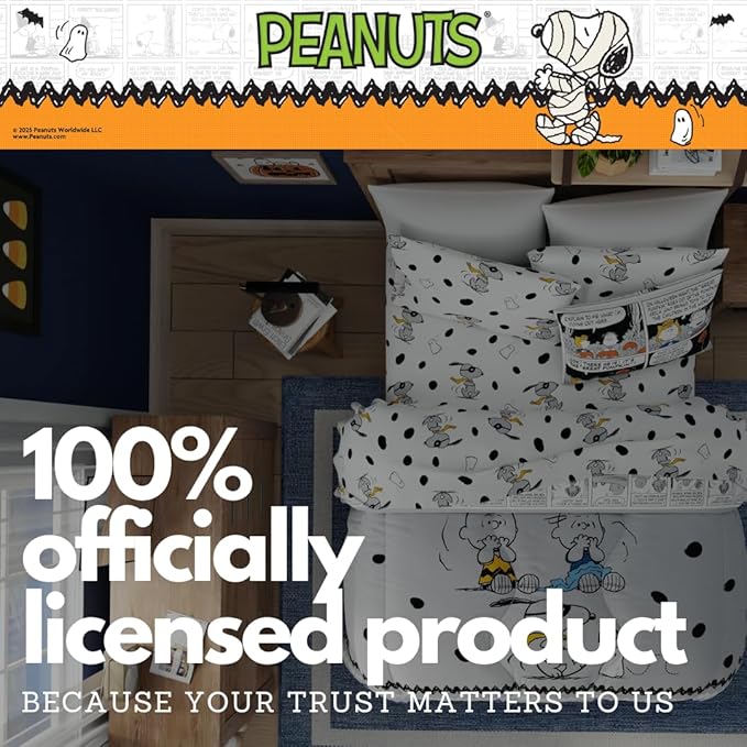 Peanuts Halloween Full Bed Set – Super Soft & Cozy 5 Piece Reversible Comforter and Sheet Set Featuring Snoopy & Charlie Brown, (Official Peanuts Product) by Franco