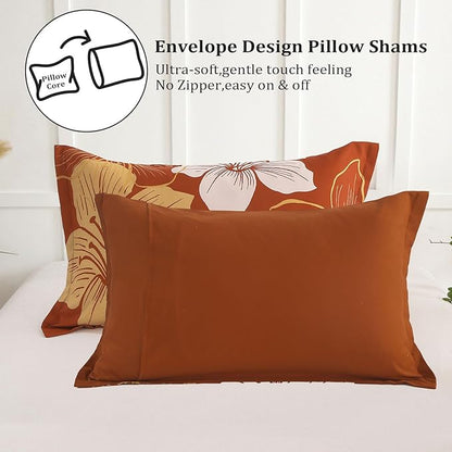 Menghomeus Burnt Orange Comforter Set Queen Gold Floral Comforter Terracotta Botanical Bedding Sets Soft Microfiber Thanksgiving Bed Comforter Set for All Season (1 Comforter, 2 Pillowcases)