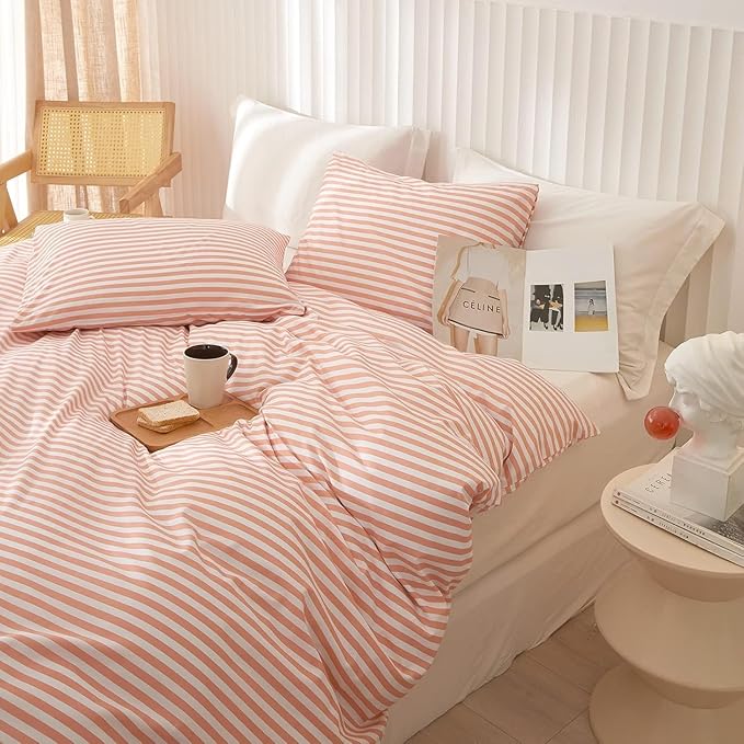 Striped Comforter Set Queen Size Fluffy Soft Striped Bedding Comforter Pink White Stripes Pattern Queen Comforter for All Season Lightweight Bedding Comforter 3 Pieces Boho Stripe Comforter Set