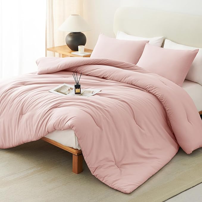 CozyLux Oversized King Comforter Set Blush Pink, 3 Pieces 120x98 Solid Breathable Quilted Bedding Sets All Seasons, Luxury Soft Lightweight Bed Set with Down Alternative Comforter and 2 Pillowcases