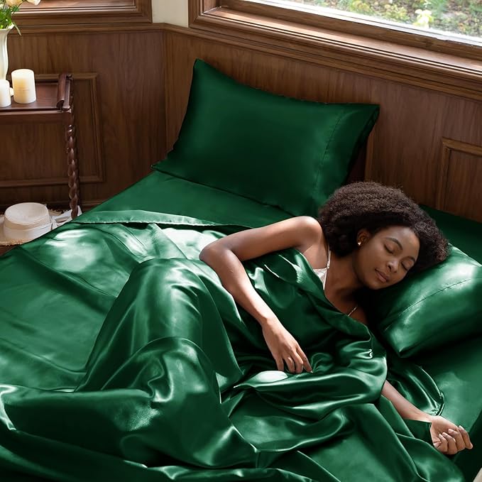 CozyLux Satin Sheets Full Size Sheets - 4 Piece Silky Full Size Bed Sheets, Luxury Dark Green Full Bed Set with Smooth and Soft Microfiber, Includes 1 Fitted Sheet, 1 Flat Sheet and 2 Pillowcases