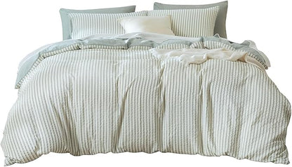 King Size Comforter Set Striped Soft Luxury Washed Microfiber Jacquard 3 Pieces Bedding, Grayish Green Vertical Ticking Stripes Pattern Comforter with 2 Pillowcases Breathable Durable Comfy