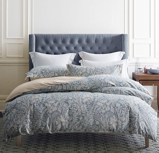 SLEEPBELLA Duvet Cover Twin Size, 600 Thread Count Cotton Beige & Bluish Grey Printed with Luxurious Leaves Pattern Reversible Botanical Comforter Cover Sets, Bedding Set 2Pcs (Twin, Beige Paisley)