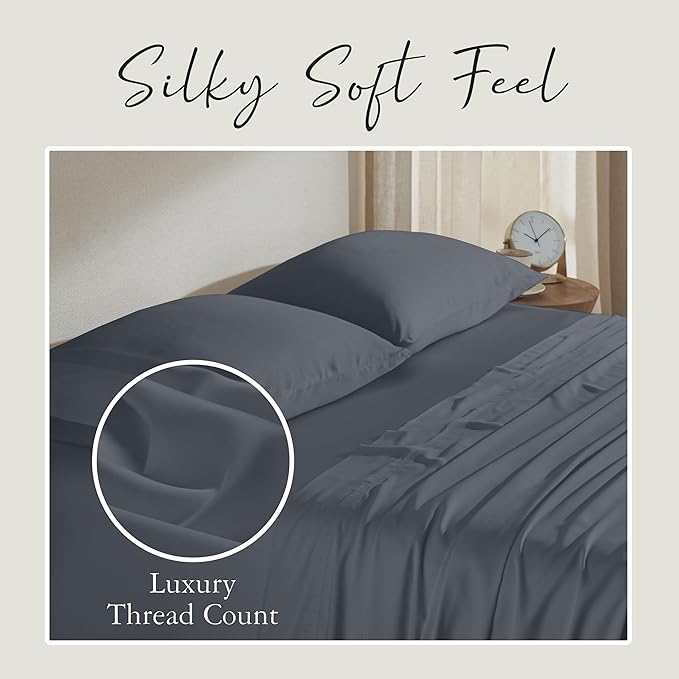 KARISSA MAE Cooling Bamboo Viscose Queen Sheet Set | 100% FSC Certified | 18” Deep Pocket | Silky, Soft, & Hypoallergenic | with Organizer Band & Elastic Corner Straps [Charcoal Grey]