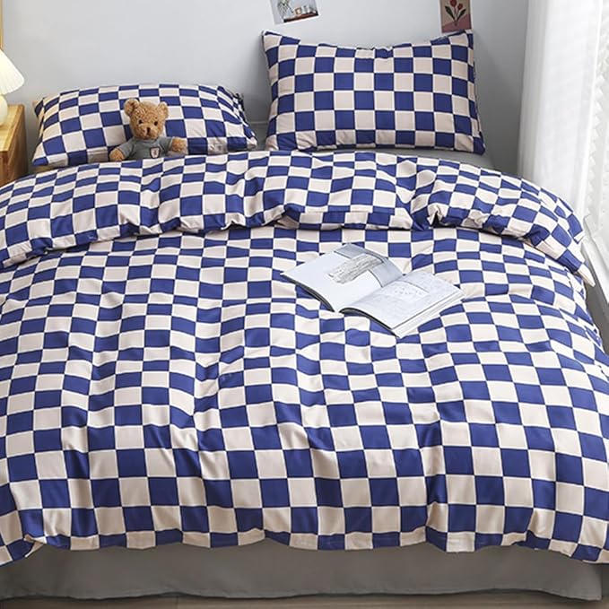 CLOTHKNOW Blue White Plaid Full Size Comforter Set 3Pcs Grid Bedding Comforter Sets Soft Blue Comforter with 2 x Pillow Cases