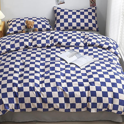 CLOTHKNOW Blue White Plaid Full Size Comforter Set 3Pcs Grid Bedding Comforter Sets Soft Blue Comforter with 2 x Pillow Cases