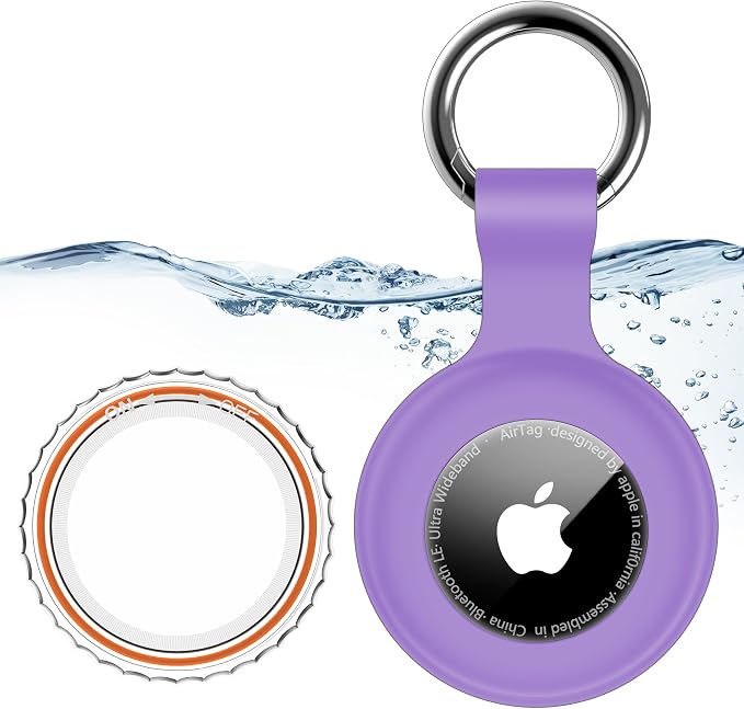 1|2|4Pack for Apple AirTag Holder with Keychain for Air Tag 2nd/1st Gen | Waterproof Air Tag Cover GPS Tracker Anti-Scratch Silicone Air-Tag Case for Pets,Kids,Bags,Luggages-Purple