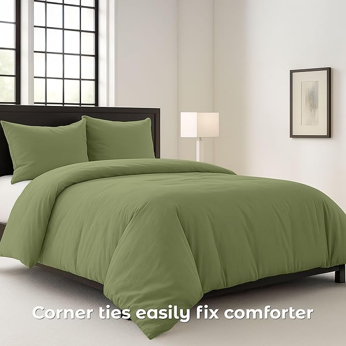 Pure Bedding Duvet Cover Queen Size - 3 Pieces Extra Soft Bedding Set, Includes 1 Duvet Cover 90x90 Inches with Zipper Closure & 2 Pillow Shams, Comforter Not Included, Olive Green
