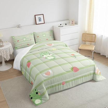 Castle Fairy Cute Frog Comforter King Size,Pink Strawberry Sweet Fruits Comforter Set Bedding Set for Kids Adults,Light Green Frogs Stripes Duvet Set Ultra Soft Room Decor 3Pcs Quilt Set