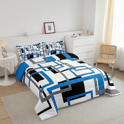 Erosebridal Blue Black White Grey Comforter Sets for Adult,Geometric Bedding Set Queen,Colorful Square Quilt Set,3D Abstract Grid Duvet Insert with 2 Pillowcases Home Room Decor