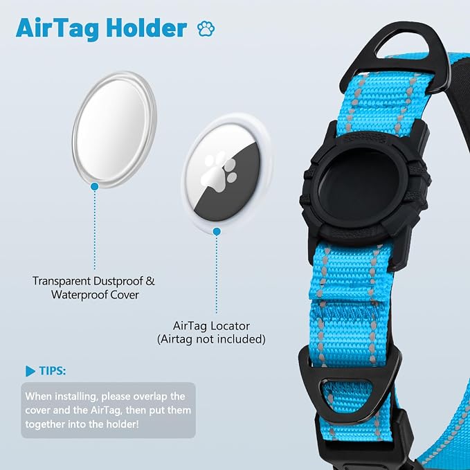 Taglory AirTag Dog Collar with Waterproof Holder for Large Dogs, SkyBlue L | Reflective for Night Walks & Low-Light Safety, Track Your Pup Peace of Mind, Adjustable Soft Padded, No More Dangling Tags